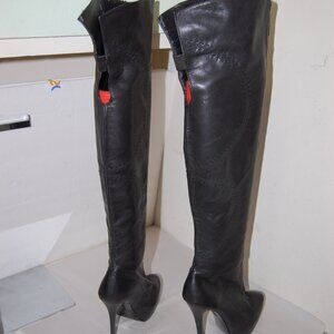 US 7 BEBE Black Leather Over the knee Thigh High Heels Tall Platform Boots